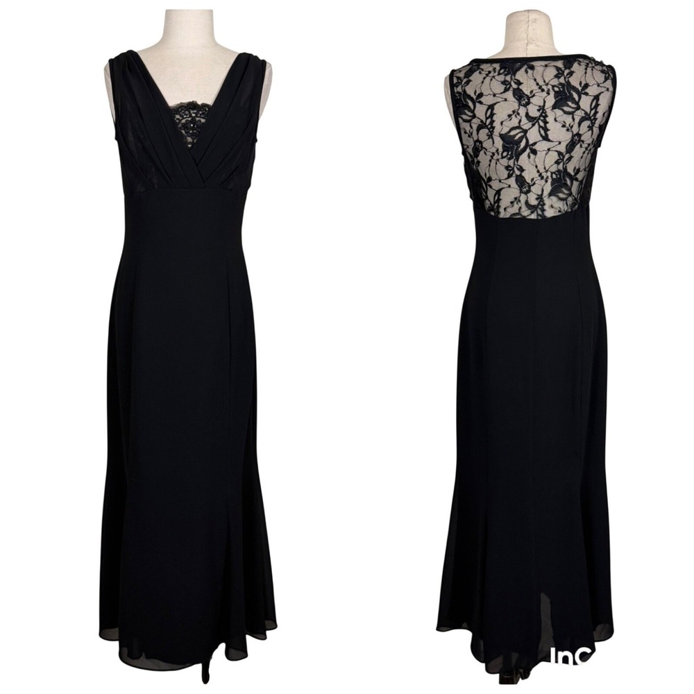 Vintage Jessica McClintock Black‎ Lace Maxi Dress Sz 8 Sheer Back Wedding Party